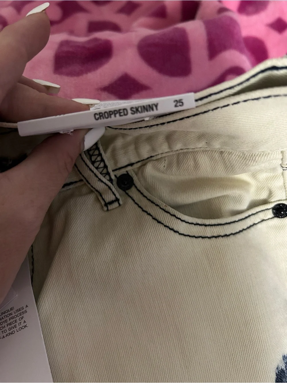 BCBGeneration Cream Jeans with Navy Distressed Tie-Dye Accents